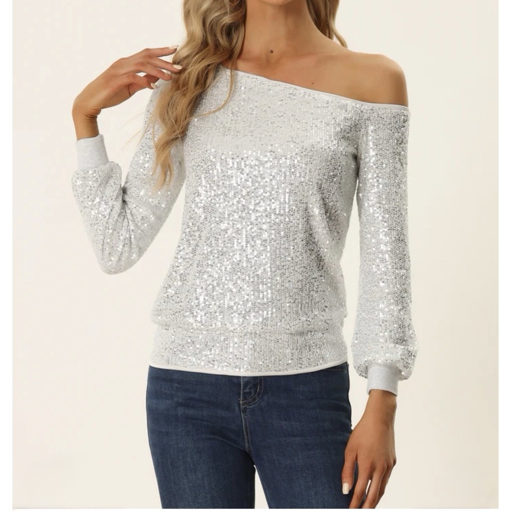 Allegra K Silver Sequin Off Shoulder Long‎ Sleeve Sparkly Party Top XL NWT